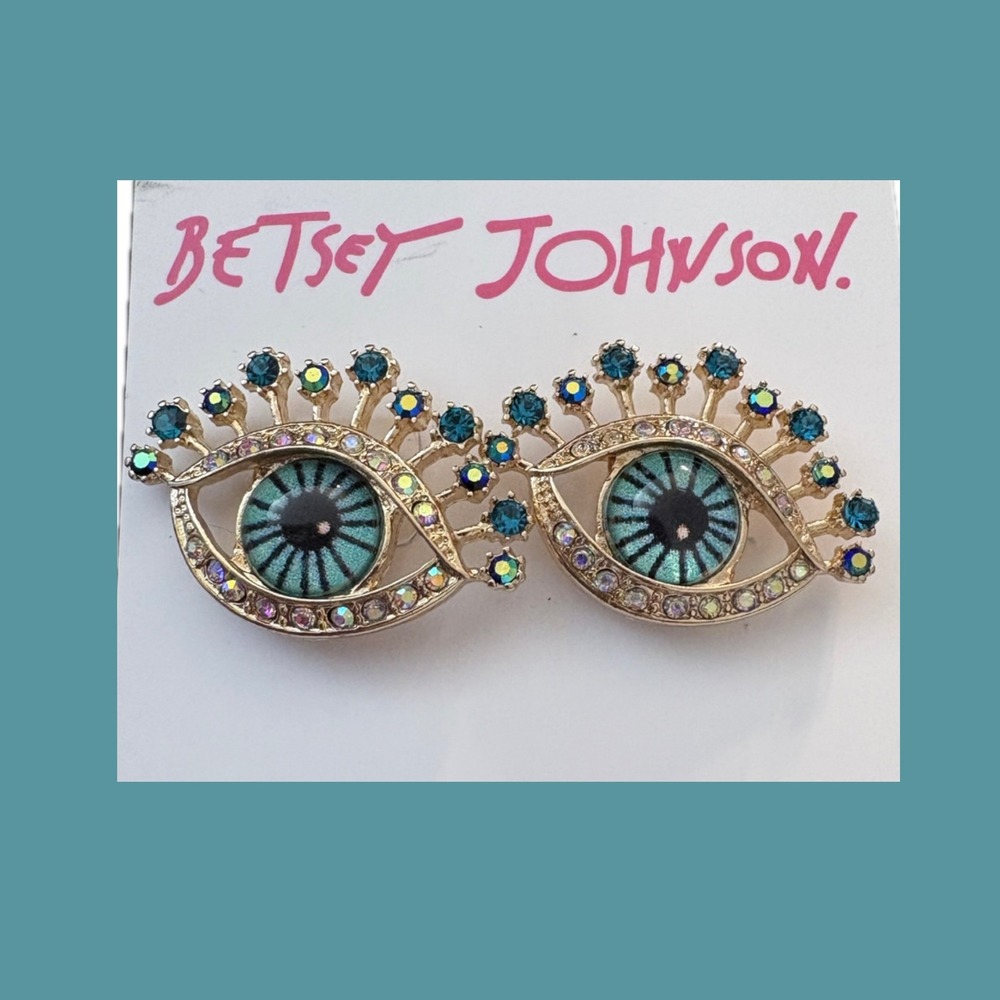 Betsey Johnson Teal Evil Eye Stud Earrings Gold Tone Crystal Eyelash Statement